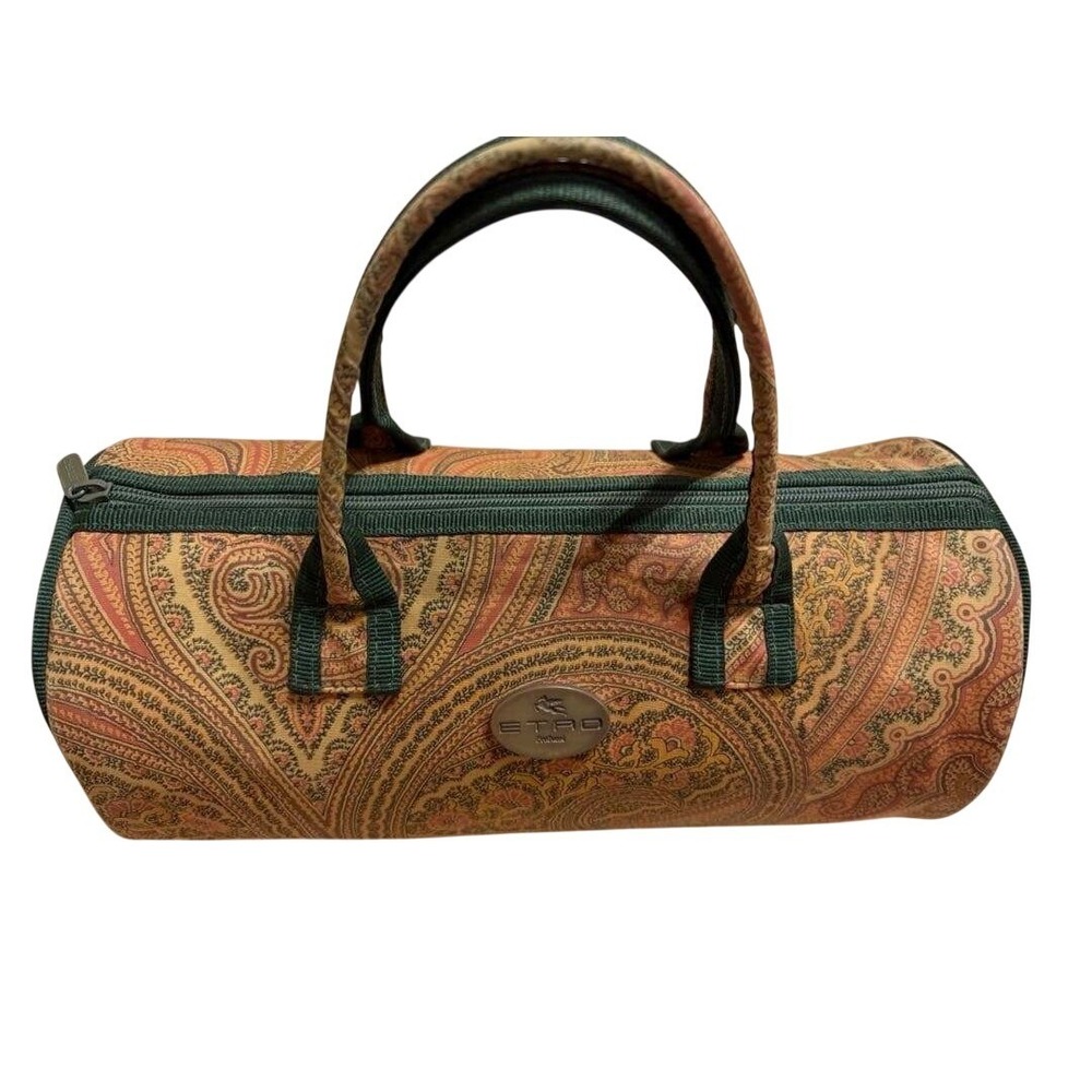 Etro‎ Milano Vintage Paisley Barrel Bag Mini Duffle Brown Green Coated Canvas